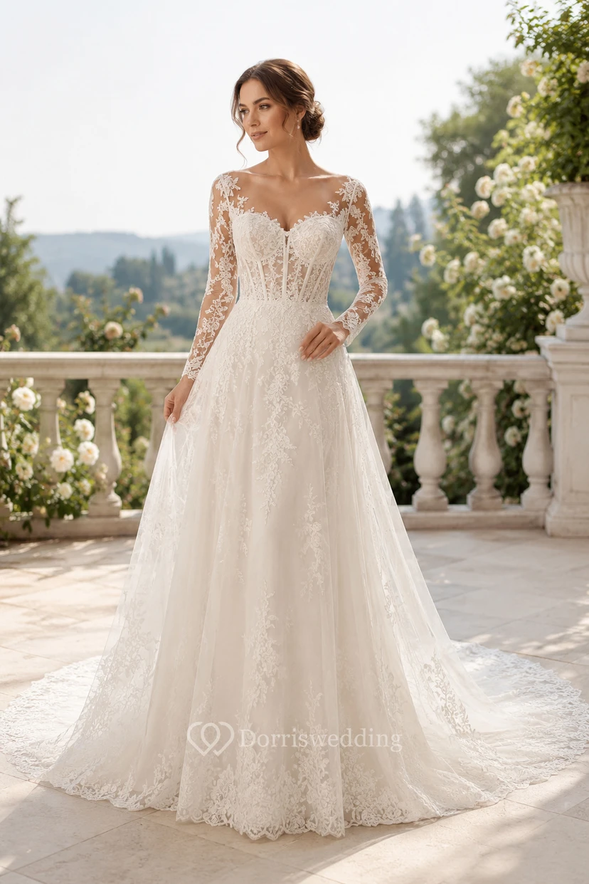 Robe de mariée en dentelle et tulle, coupe trapèze, bustier cœur, manches longues, traîne.