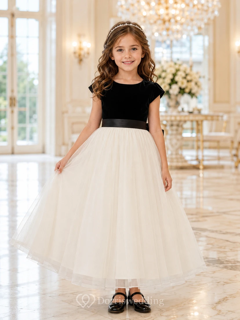 A-Line Black Tie Wedding Flower Girl Dress with Contrast Velvet Bodice, Tulle Skirt, Satin Waist Bow, Classic Formal Style