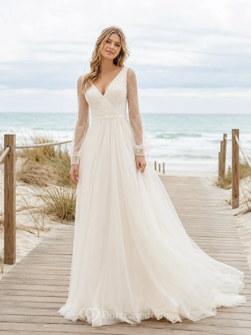 Boho Wrap V Neck Long Illusion Lace Sleeve Tulle A-Line Sweep Beach Wedding Gown