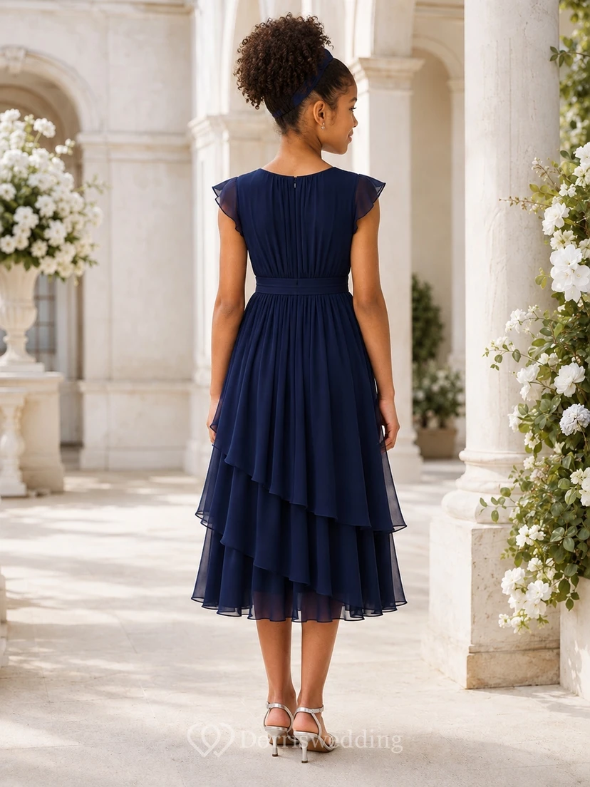 Dark Navy Junior Bridesmaid Dress A-Line Jewel Short Sleeves Tiered Skirt view 2