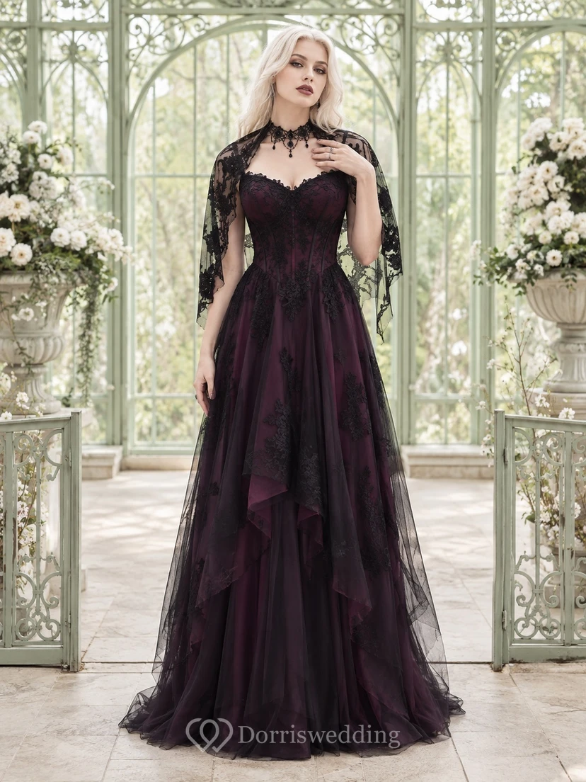 Burgundy Black High Neck Lace Cape A-Line Floor-Length Gothic Evening Gown