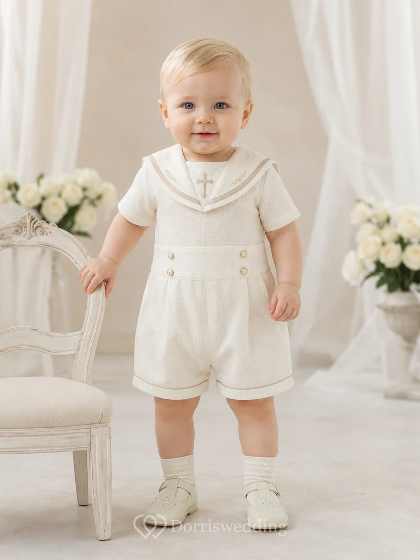 Vintage elfenbeinfarbener Kurzarm-Baby-Jungen-Tauf-Strampler mit Matrosenkragen, geeignet für Jungen,