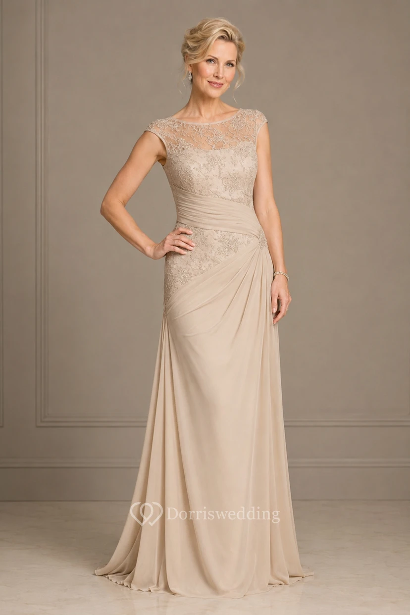 Chiffon-Etui-Kleid mit Rundhalsausschnitt und seitlicher Drapierung, das die Mutter der Braut ziert view 3