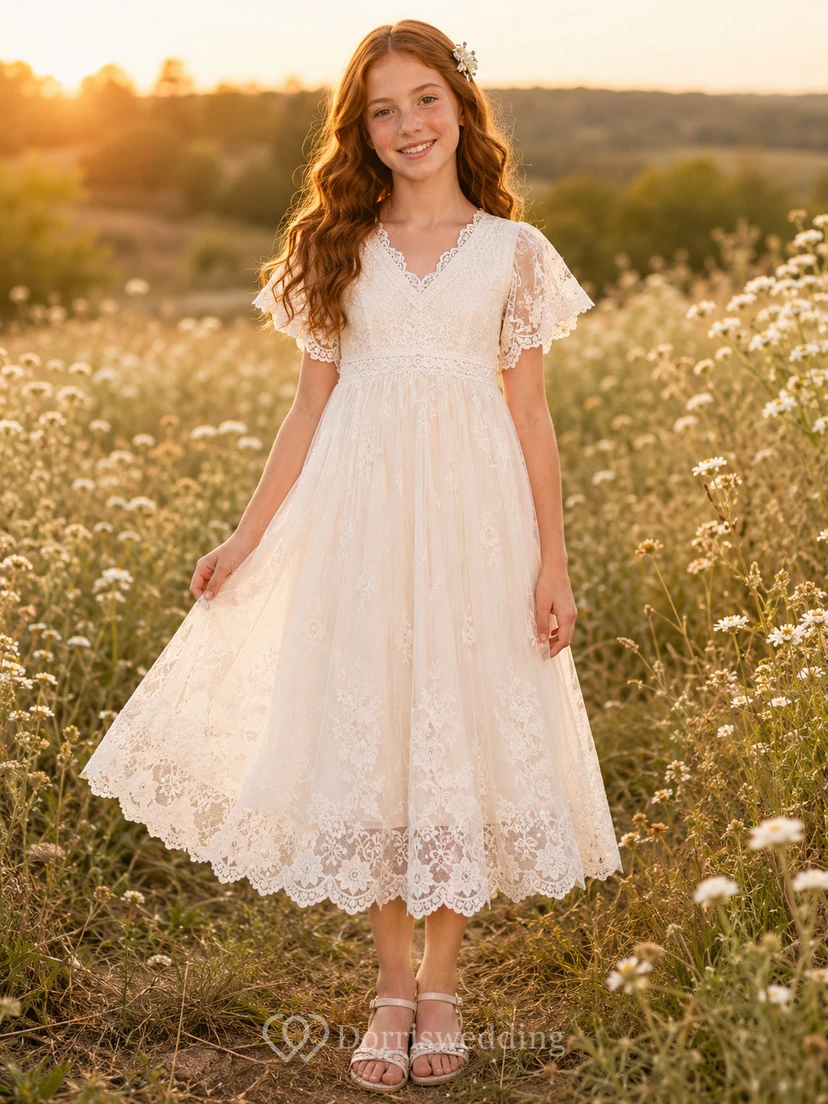 Lace V-Neck Tulle Knee-Length A-Line Bohemian Garden Romantic Formal Flower Girl Dress