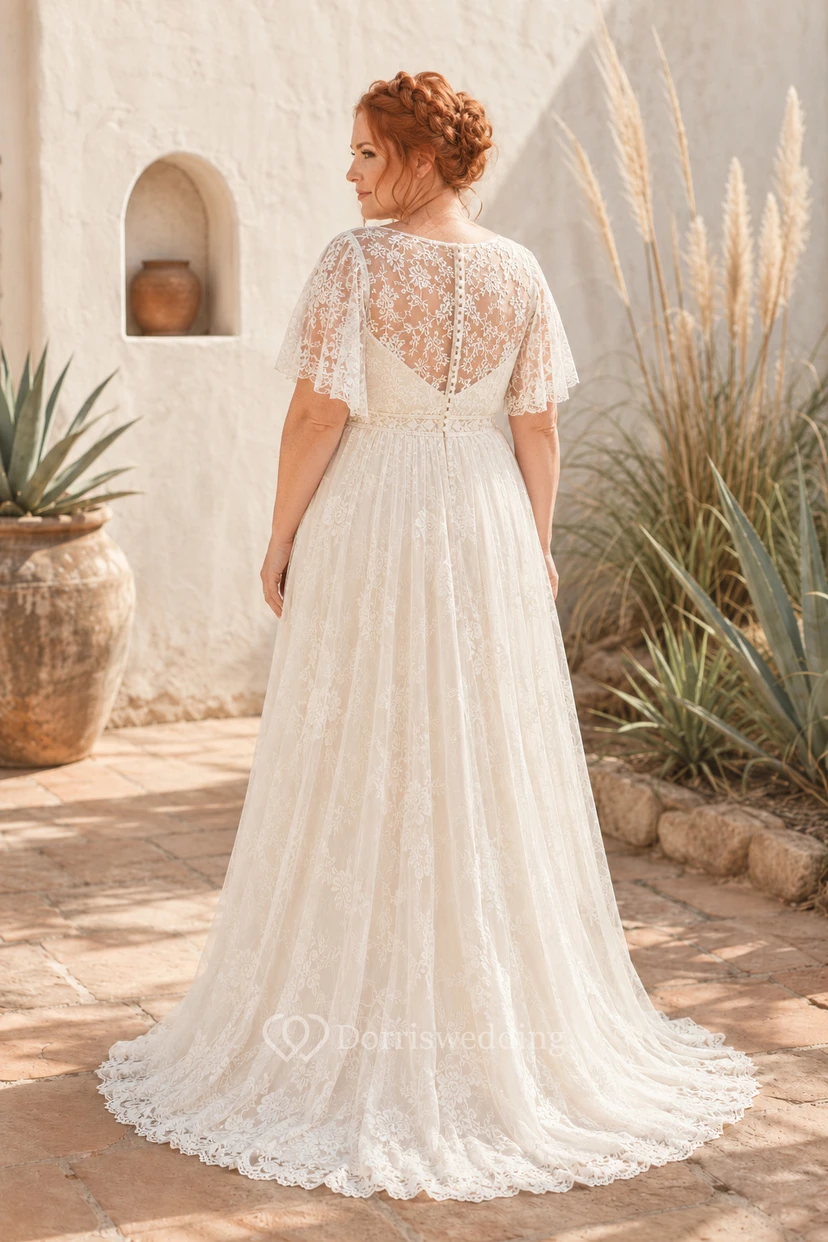 Plus Size Ivory Cap Sleeve Lace A-Line Wedding Dress Chapel Train view 2