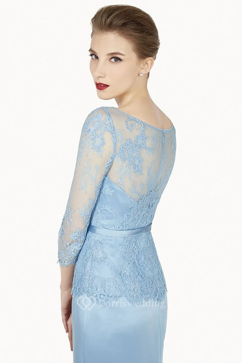 Lace Top Scoop Neck Satin Long Prom Dress With 3-4 Sleeve And Floral Satin Sash view 2