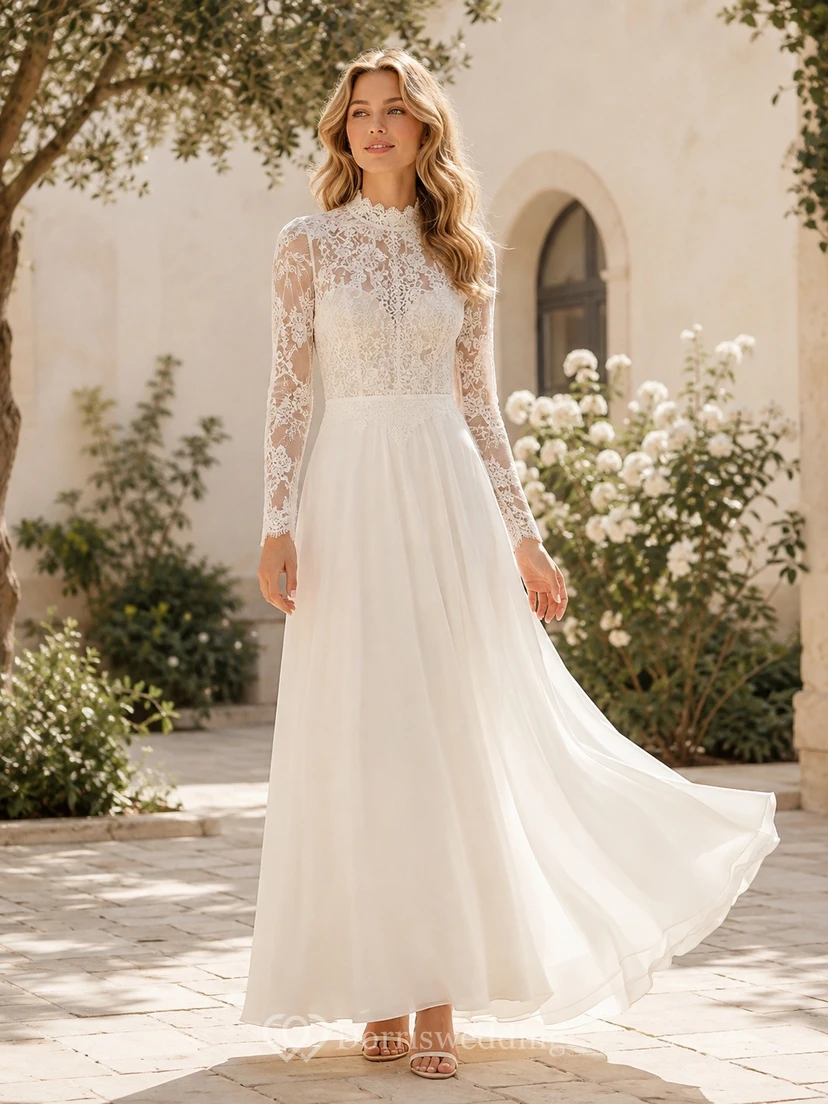 Civil Lace High-Neck Long-Sleeve A-Line Floor-Length Guest Dress