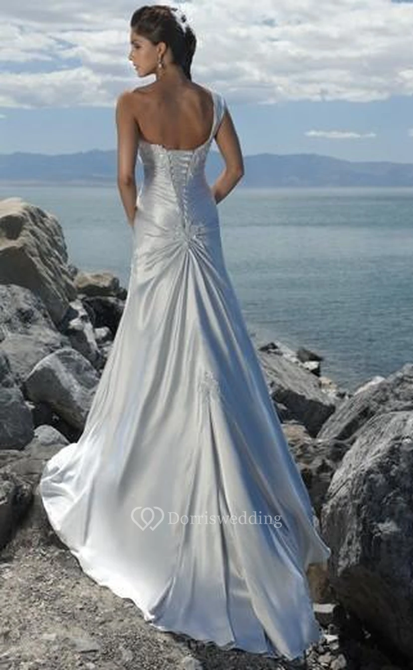 Mermaid One Shoulder Sweep Train Elastic Woven Satin Beach Wedding Dress view 2