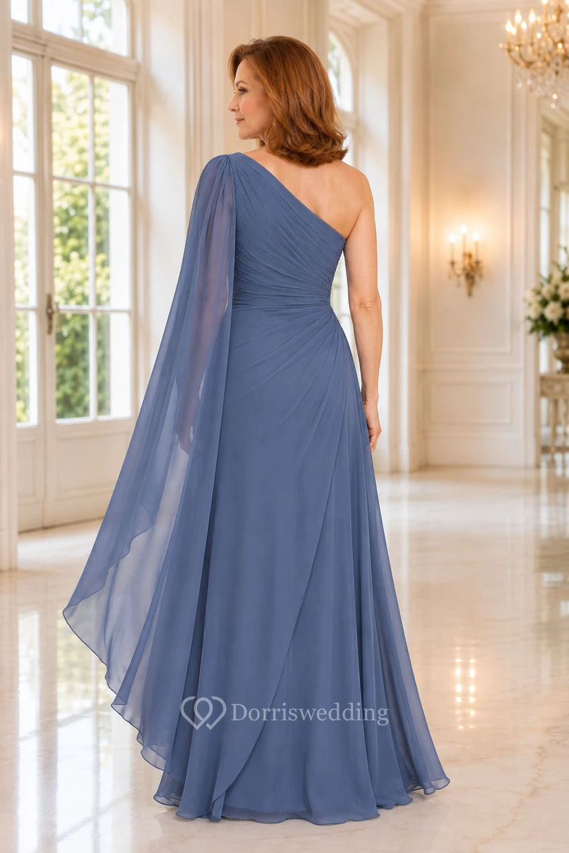 Stahlblaues, schulterfreies Chiffon-Kleid in A-Linie mit Cape-Ärmeln view 2