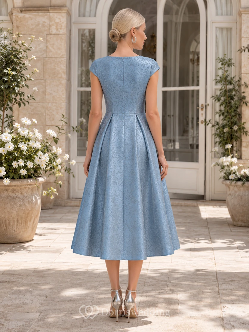 Steel Blue Bateau Cap Sleeve Floral Jacquard A Line Tea Guest Dress view 2