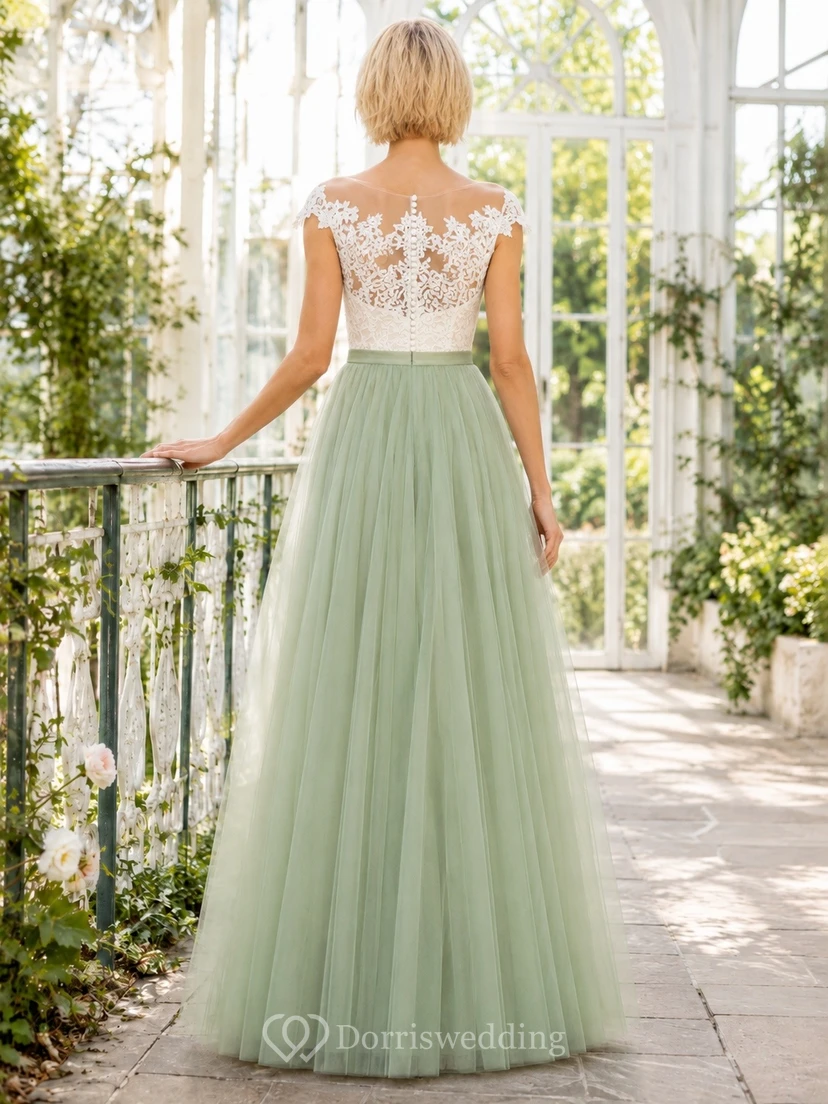 Sage Lace Off-Shoulder Short-Sleeve A-Line Floor-Length Romantic Dress view 2
