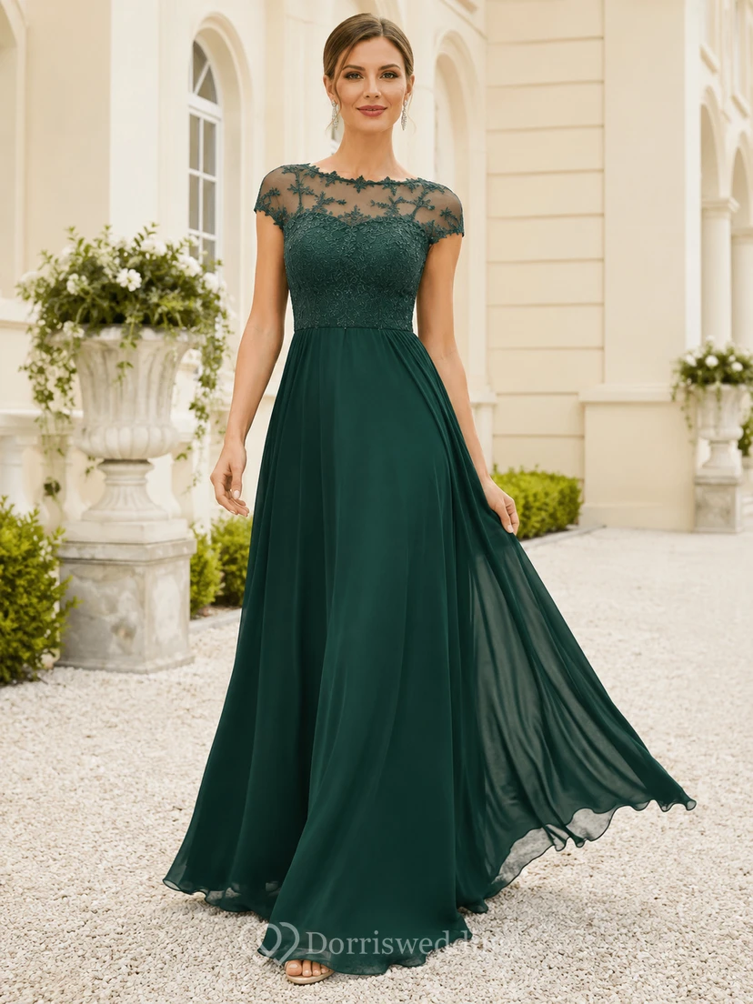 Elegantes, dunkelgrünes Chiffonkleid in A-Linie, bodenlang, mit hohem Kragen und Spitze