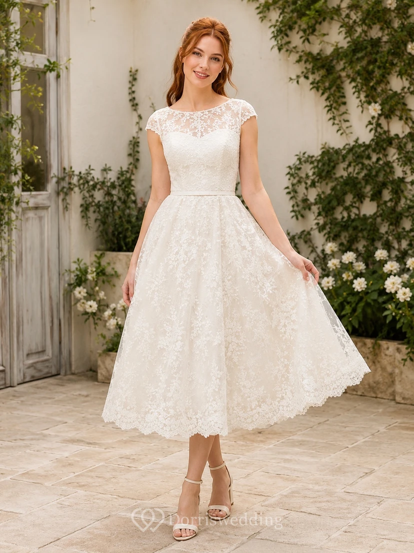White Lace Scoop Neck Cap Sleeve A-Line Tea-length Romantic Elegant Garden Reception Dress