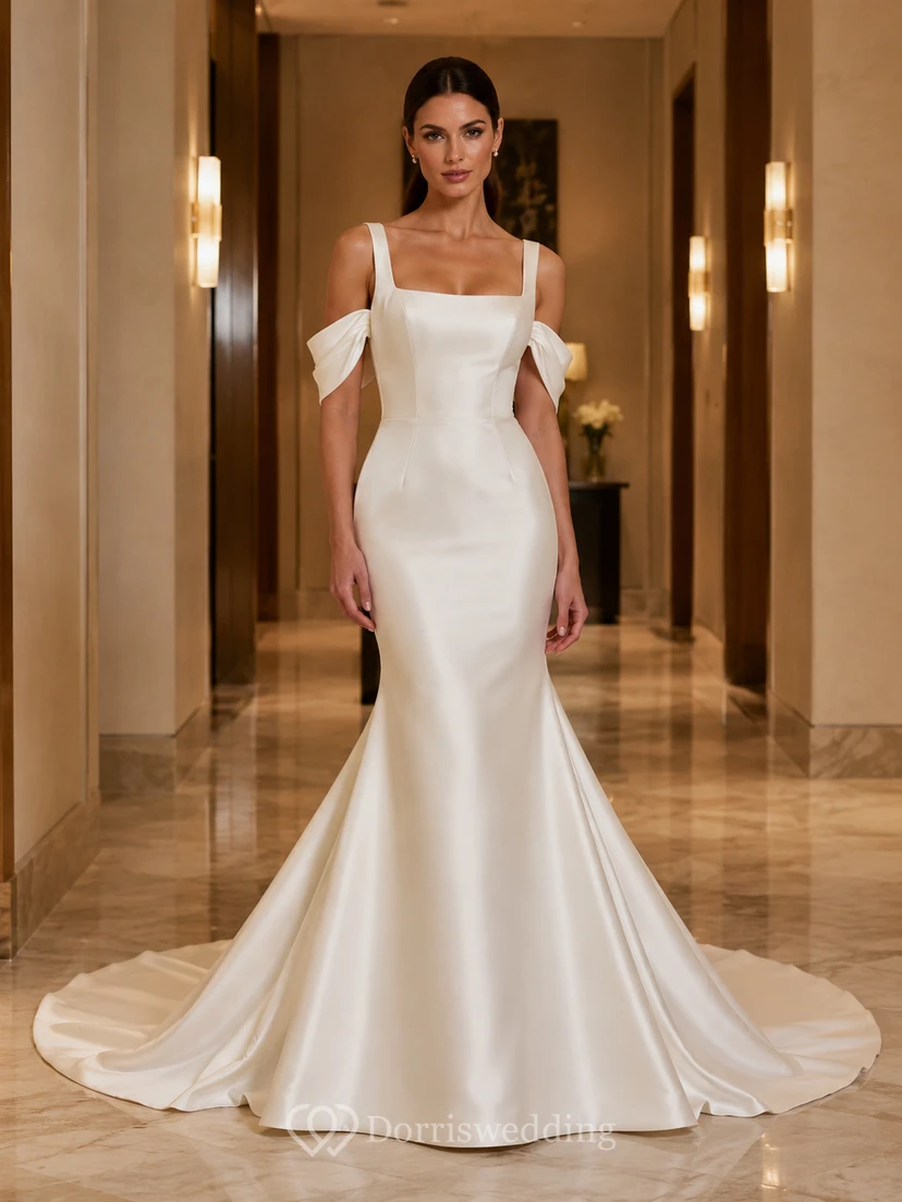 Robe de mariée sirène moderne en satin à col carré et manches amovibles