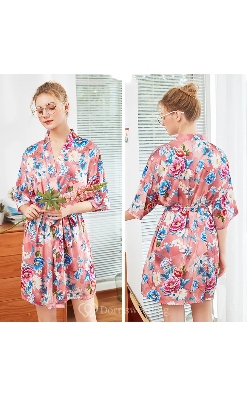Floral Bride Bridesmaid Half Sleeved Short Robe view 2