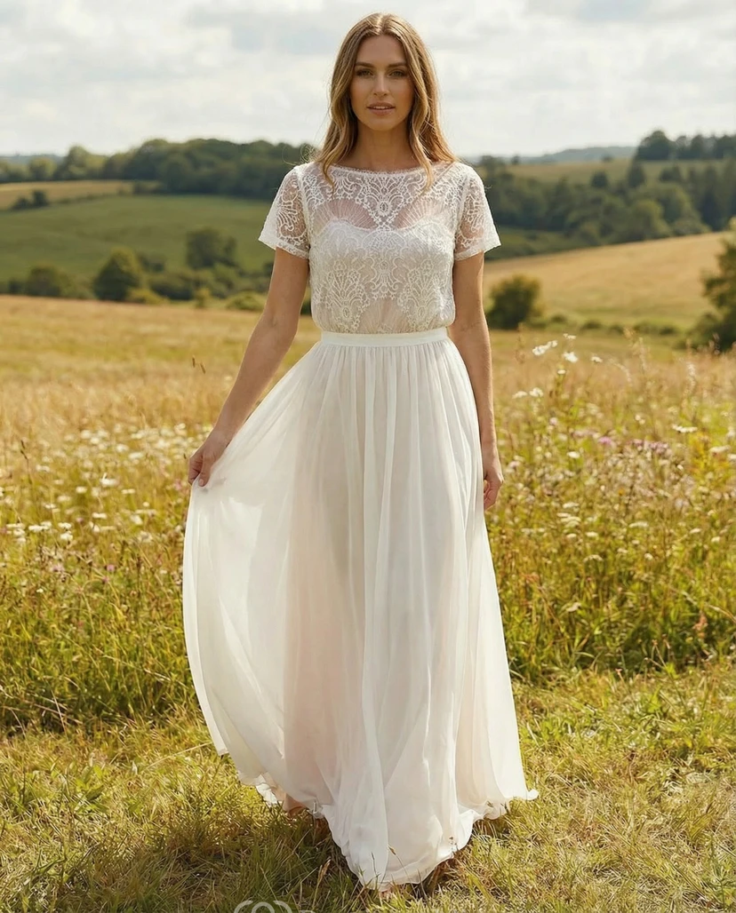Boho Lace Short Sleeve Wedding Dress with Chiffon Skirt for Country Ceremony