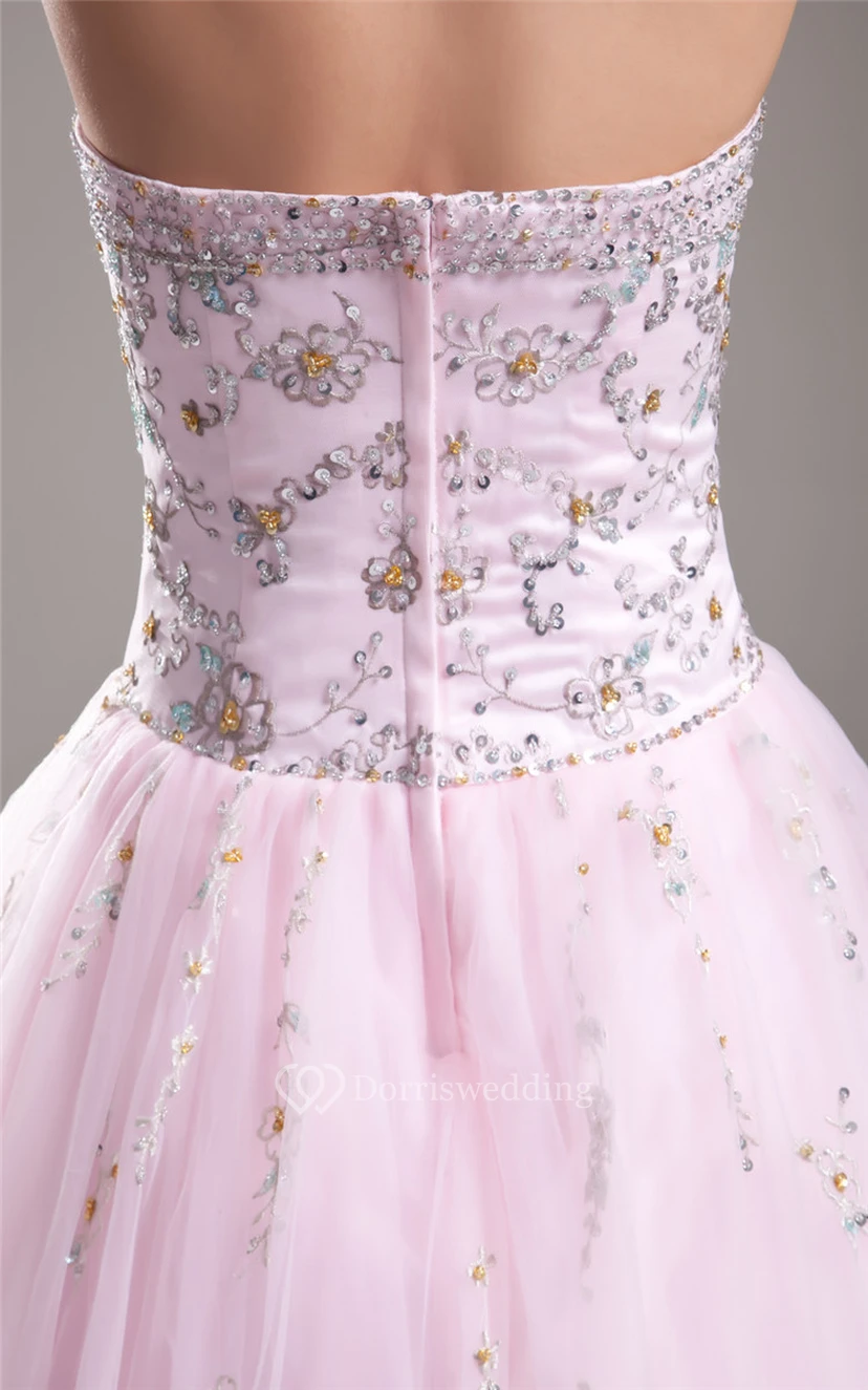Blushing Strapless Beaded Ball Gown With Tulle Overlay view 6