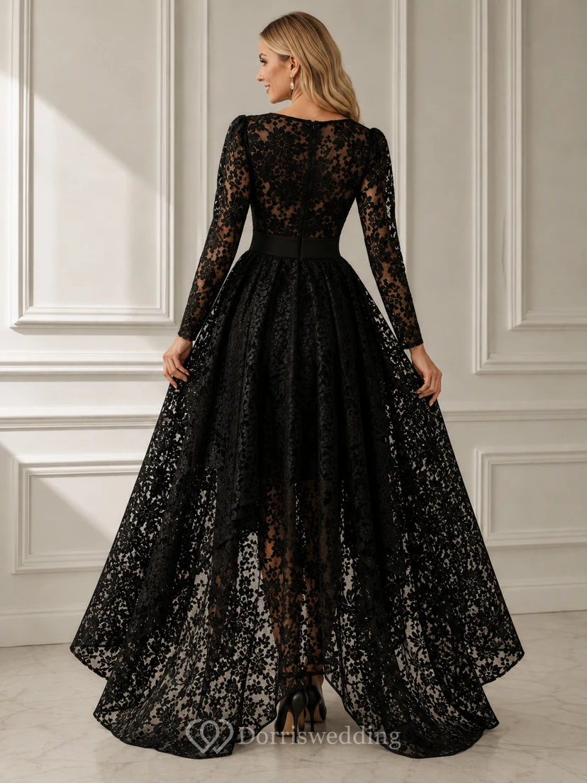 Dramatic Black Damask Lace High-Low Prom Gown view 2