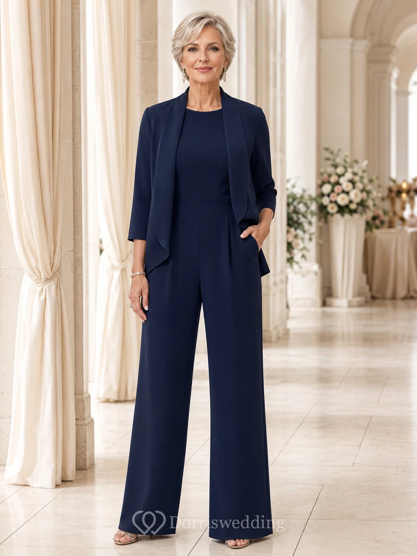 Dark Navy Mother Pantsuit with Simple Tailored Jacket and Wide Leg Pants
