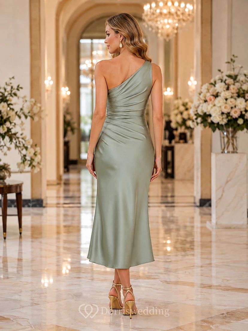 Sage Elegant Indoor Wedding Guest Bridesmaid Cocktail Formal Dress Sheath Tea-Length One-Shoulder Sleeveless Satin Midi Draped Zipper Back view 2