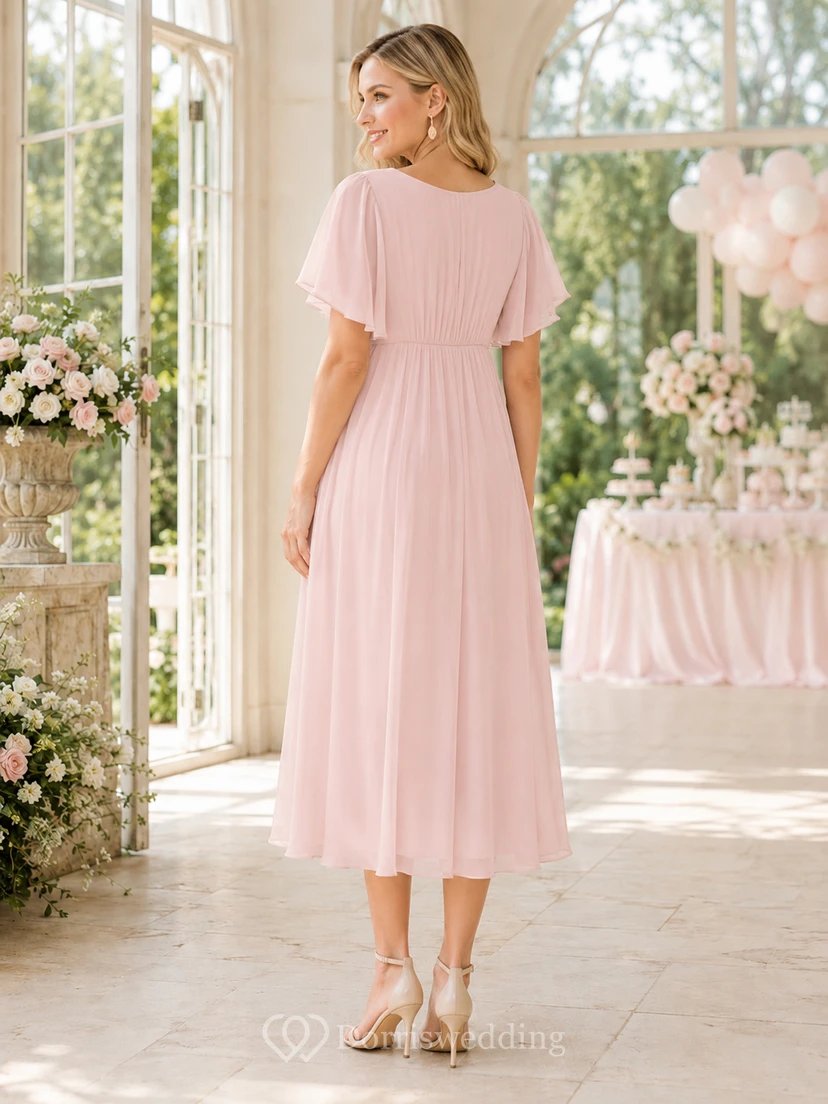 Vestido de maternidad de gasa plisada con escote en V, mangas tipo pétalo, corte imperio y largo hasta la rodilla, color rosa empolvado. view 2