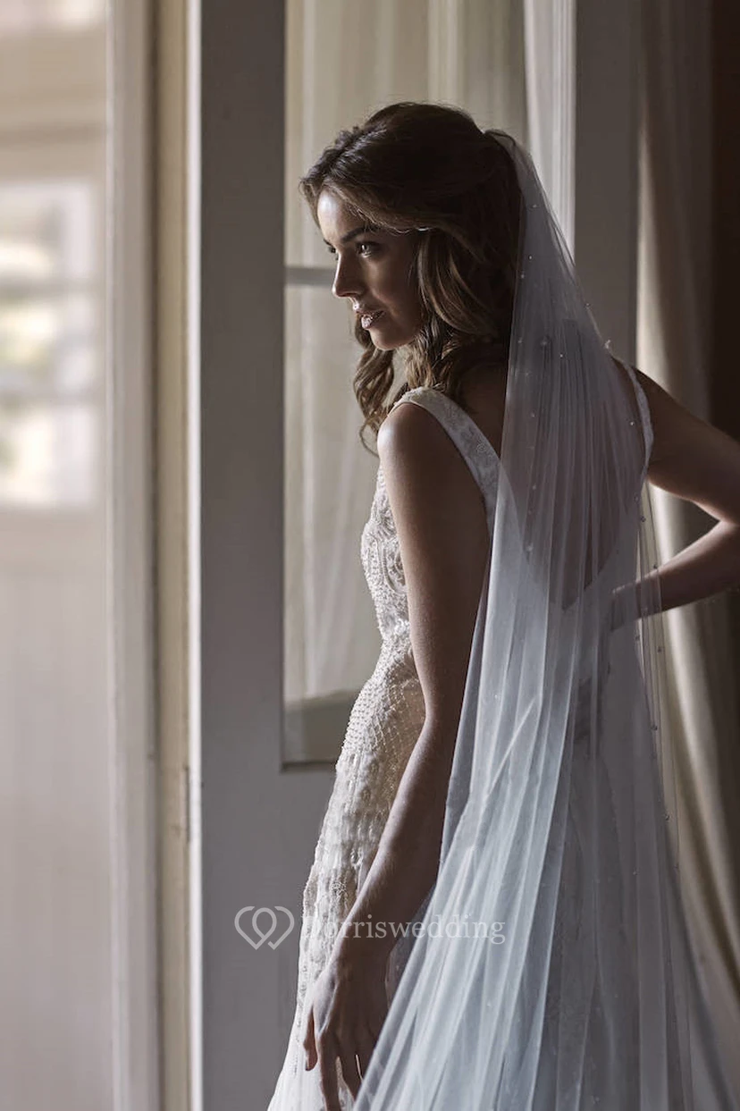 Vintage Pearl Tulle Long Wedding Veil view 2