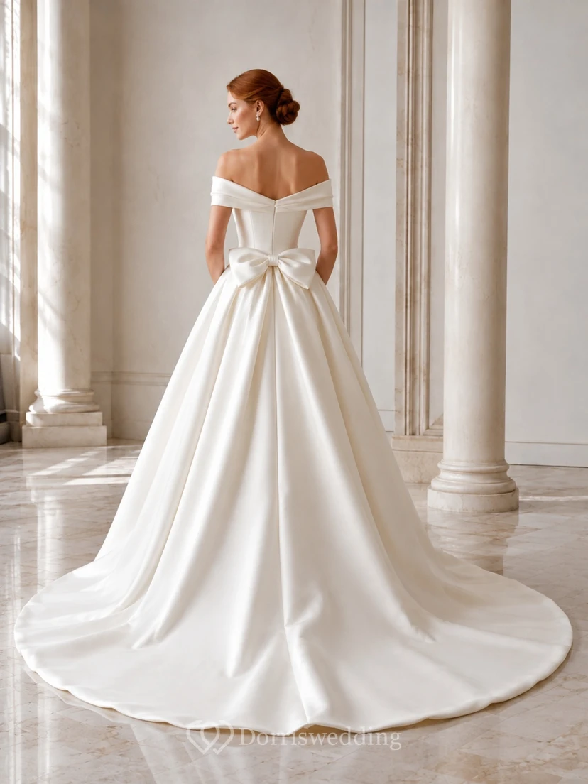 Elegantes, luxuriöses, schulterfreies, ärmelloses Ballkleid aus Taft mit Schleife und Robe – Hochzeitskleid view 2