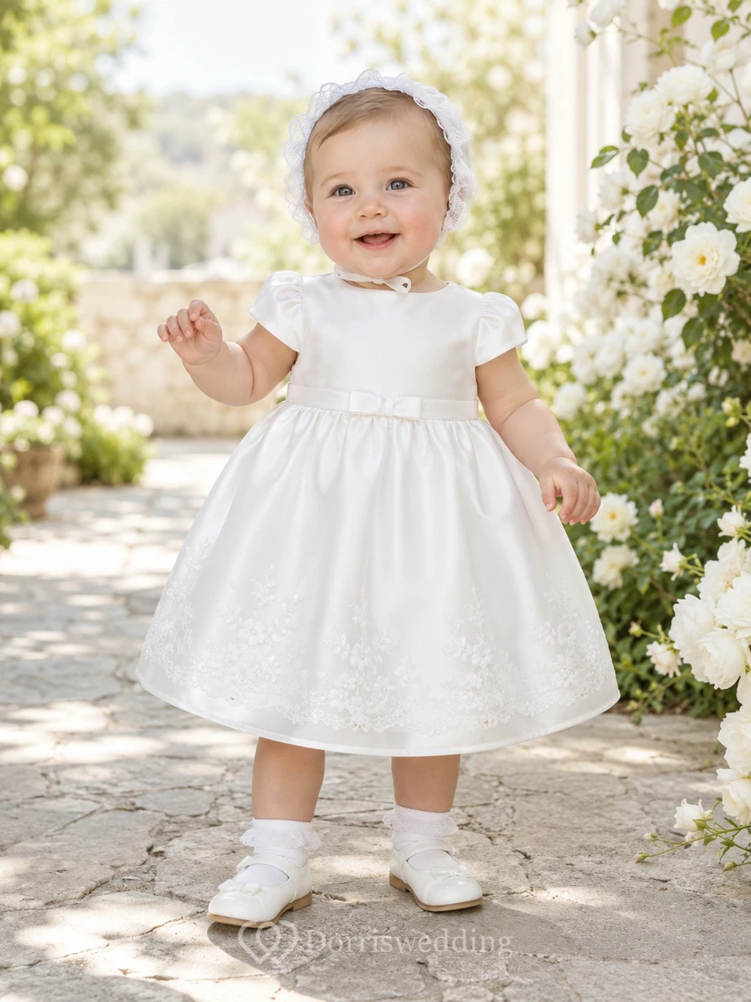 Kurzärmeliges Taufkleid, A-Linie, Satin, Rundhalsausschnitt, Spitzenbesatz, knielang