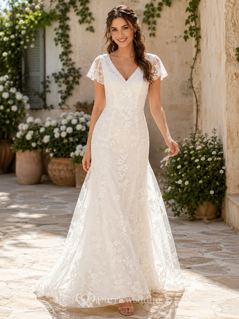 Elegant Allover Lace Wedding Sheath V Neck Illusion Cap Sleeves Train