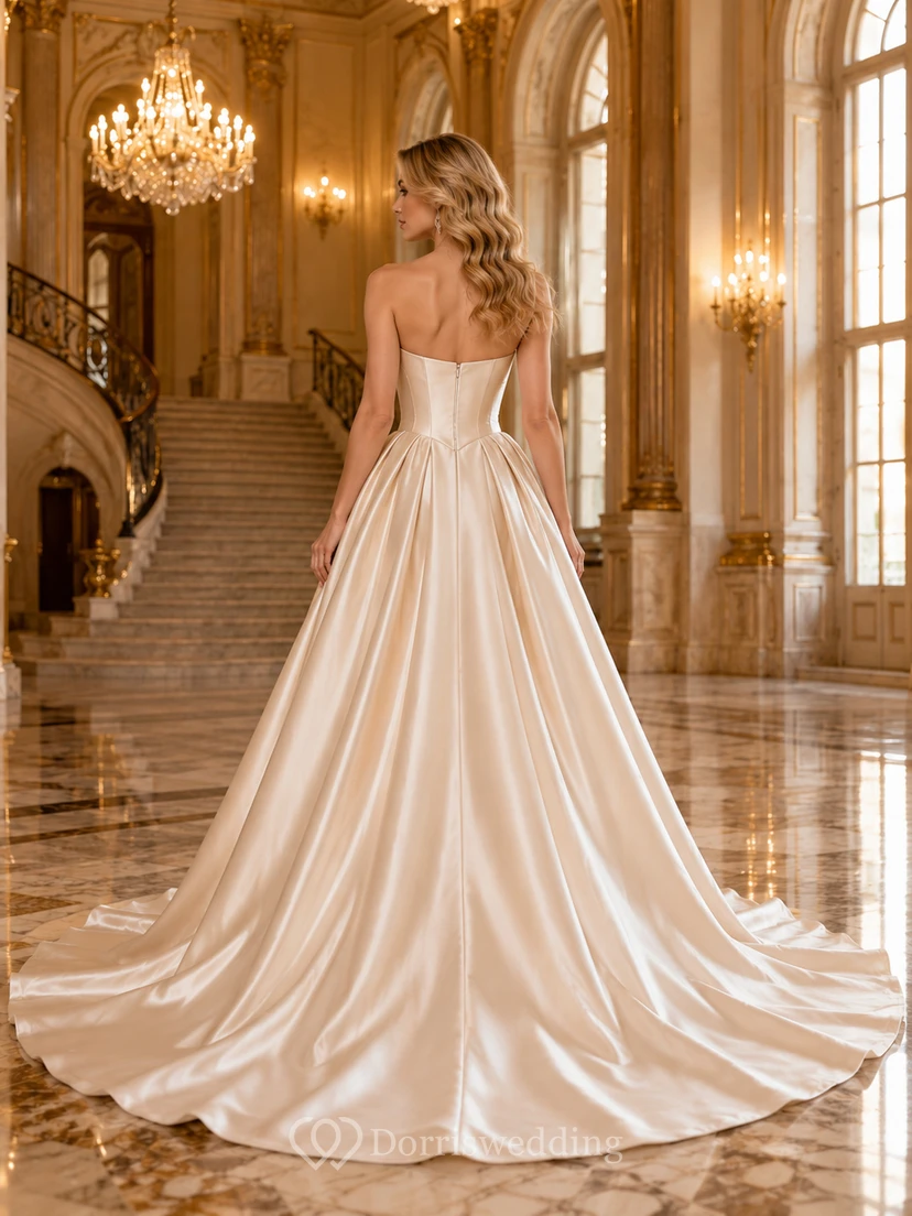 Champagne Strapless Sweetheart Satin Ball Gown Bridal Dress view 2