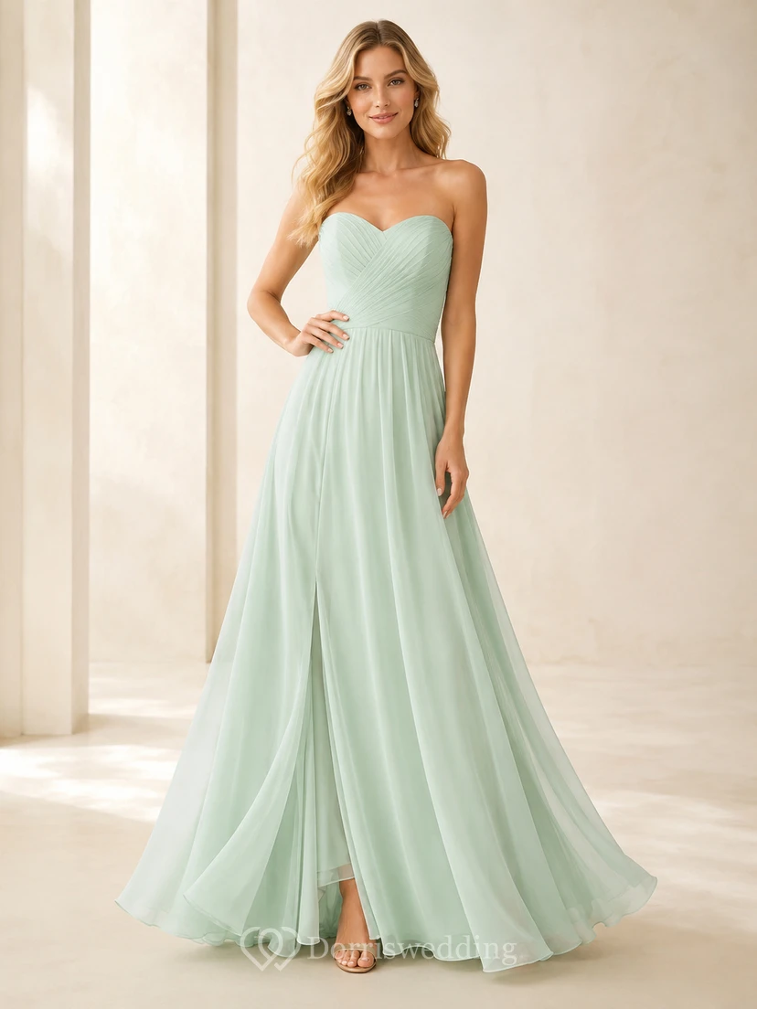 Green Mint Chiffon Strapless Sweetheart Floor Length Bridesmaid Evening Gown