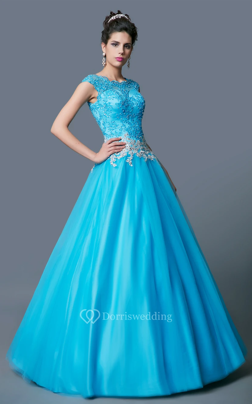 Classic Bateau Neck Lace and Tulle Ball Gown view 3