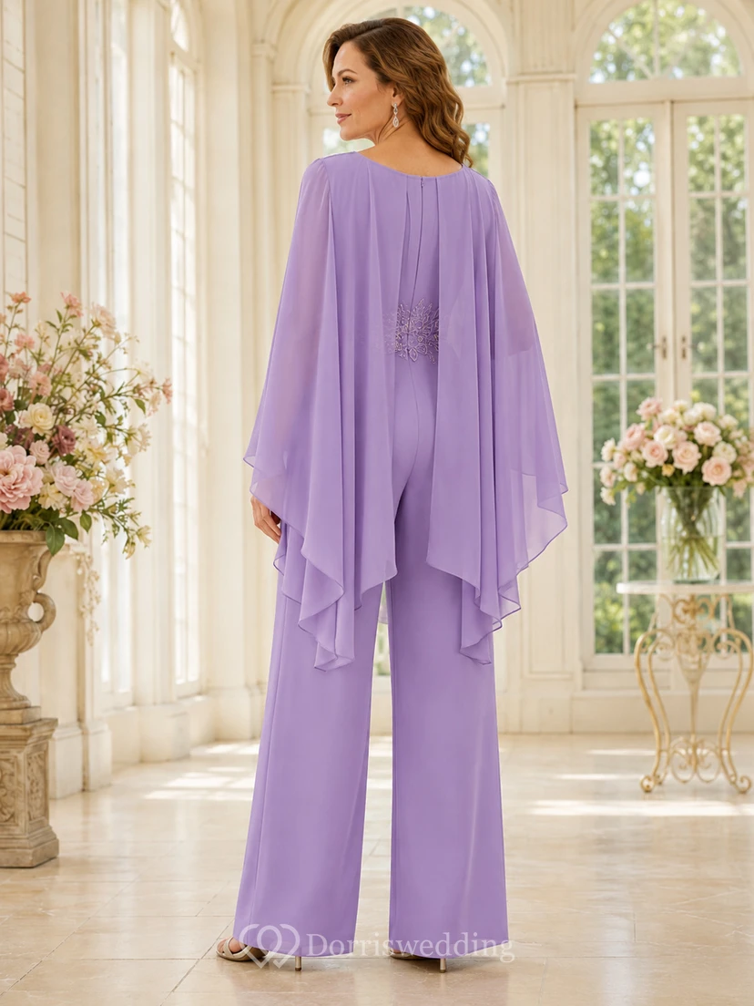 Lavender Mother Jumpsuit with V-Neck Wrap Bodice, Beaded Waist Cape and Wide Leg Pants view 2
