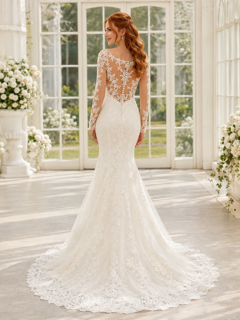 Elegant Lace Brautkleid Mermaid Bateau Sweetheart Illusion Long Sleeves Train view 2