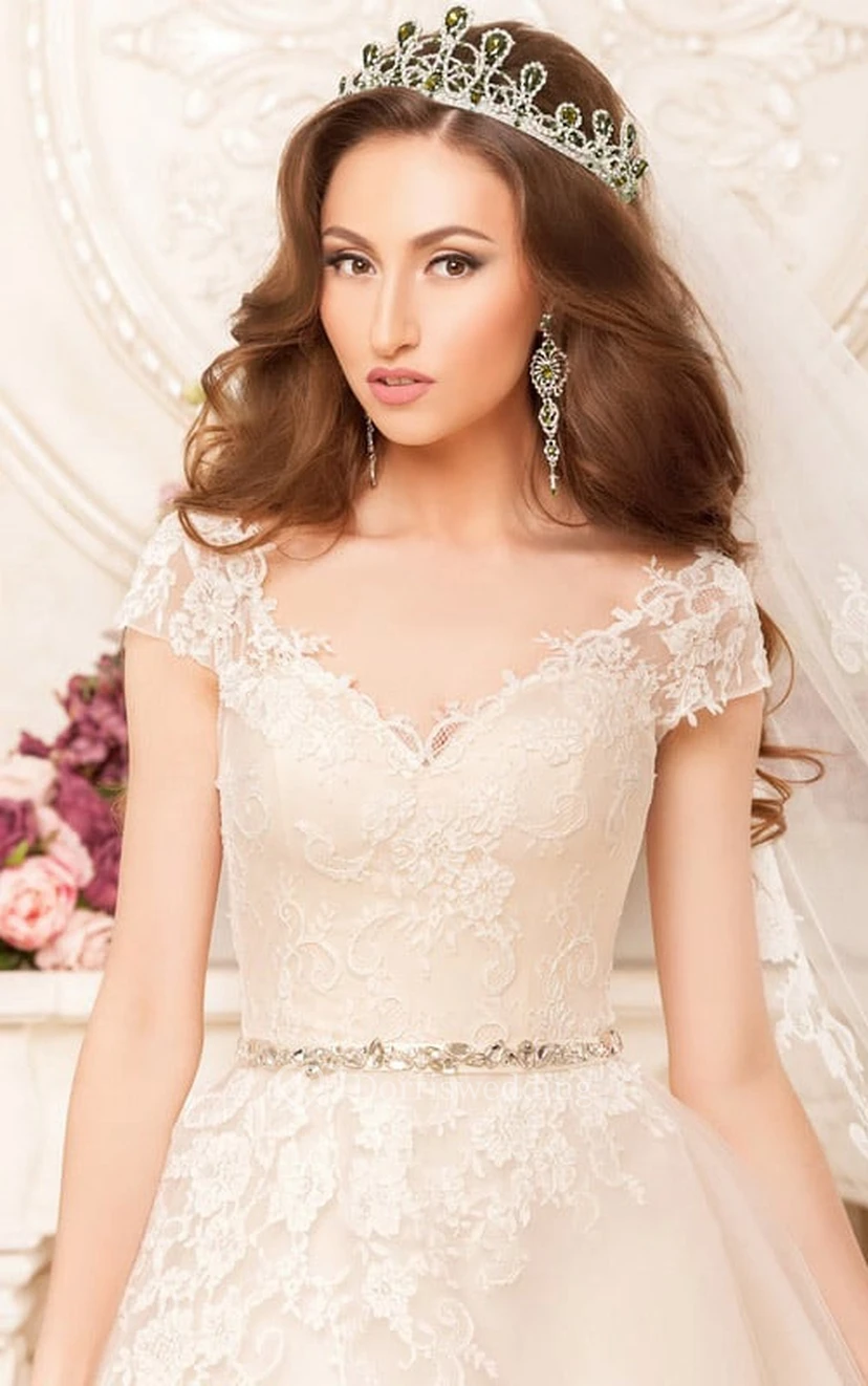 Ball Gown Floor-Length V-Neck Cap-Sleeve Illusion Lace Dress With Appliques And Waist Jewellery view 3