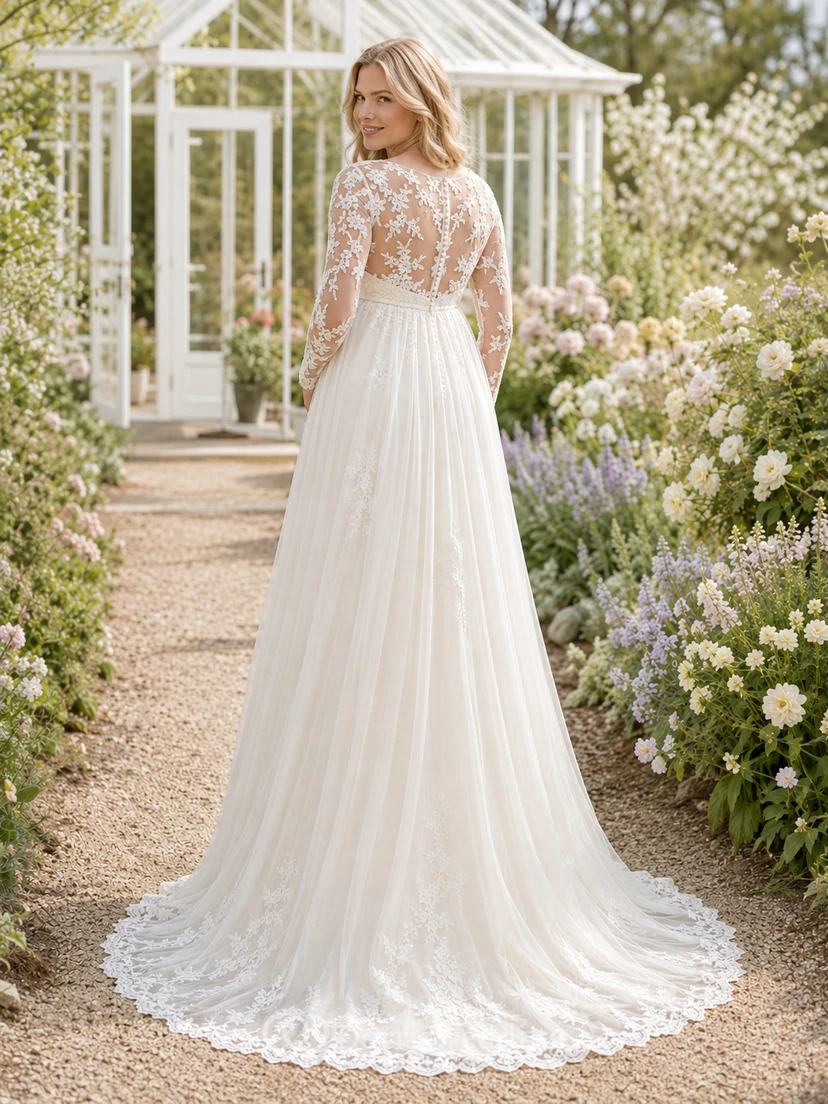 Maternity Wedding Dress V-Neck Long Sleeve Lace Garden Bridal Gown with A-Line Train view 2