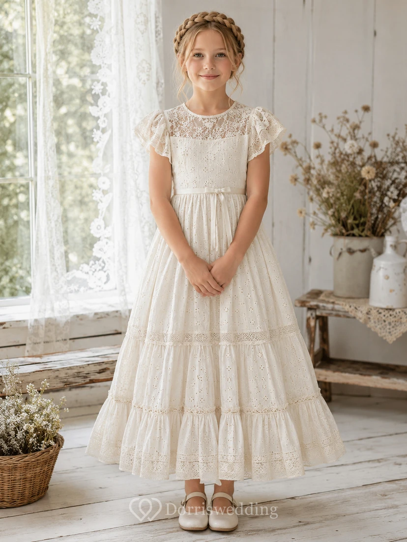 Cottagecore Kommunionkleid mit U-Boot-Ausschnitt, kurzen Ärmeln und Stufenspitze