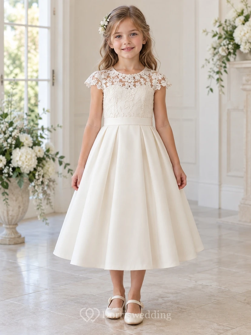 Vestido de niña de flores modesto, de corte A, de satén, con mangas cortas y estampado floral color marfil, hasta la rodilla.