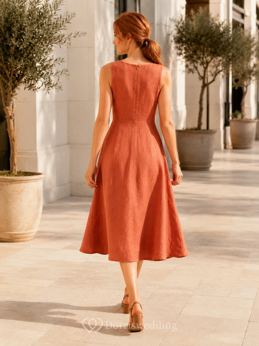 Terracotta Linen Sleeveless V Neck A Line Weekend Dress view 2