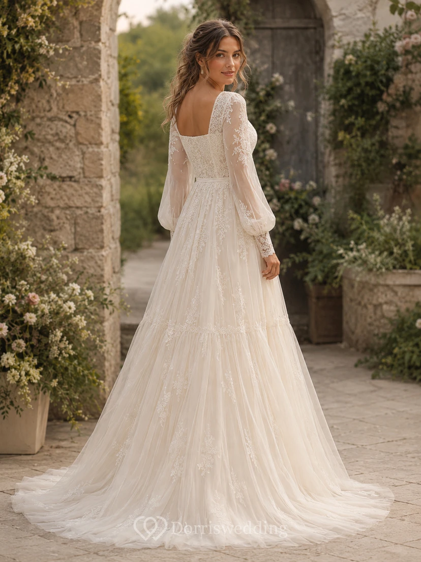 Square Neck Boho Wedding Dress with Long Bishop Sleeves, Tiered Tulle Skirt & Romantic Lace Details view 2