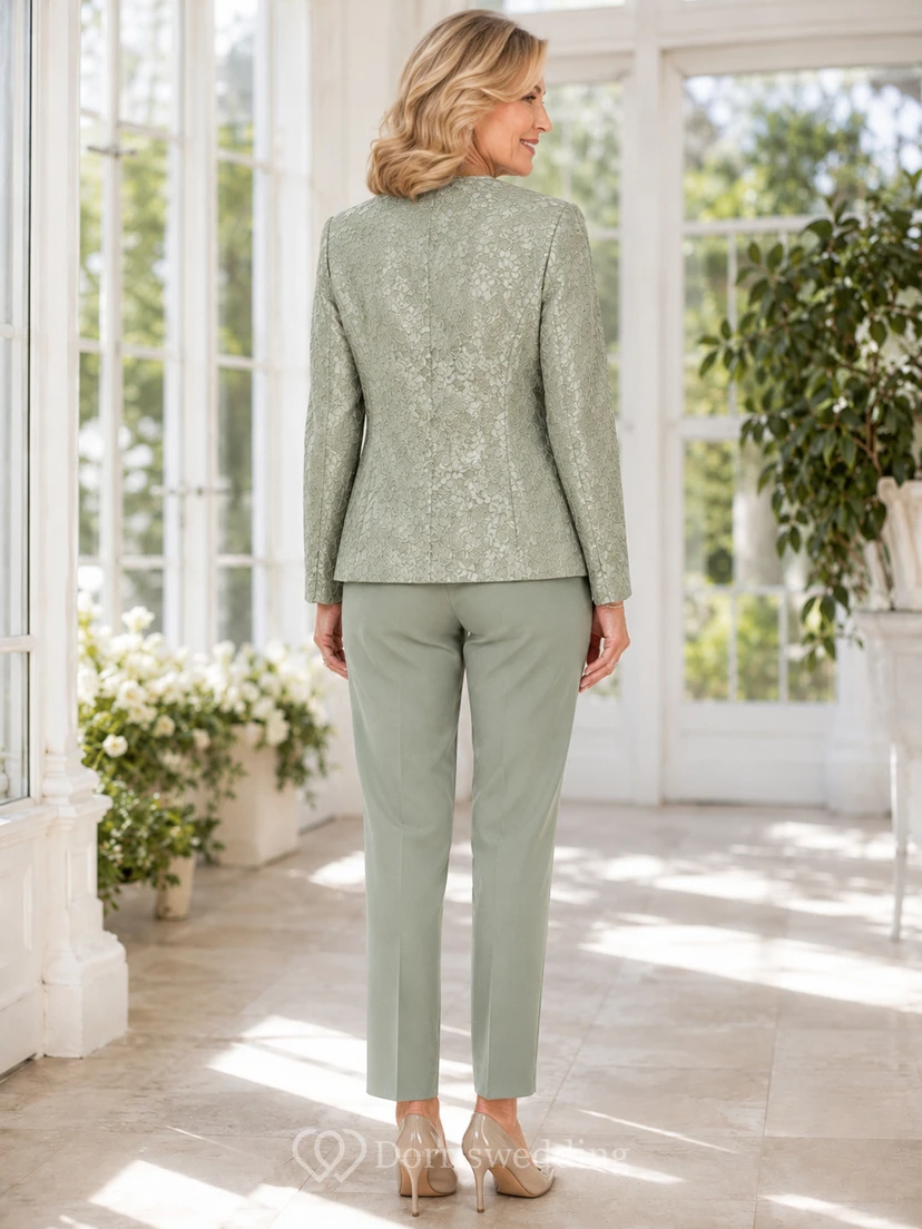 Conjunto de tres piezas de manga larga y pierna recta con blazer de encaje celadón romántico para madres de baja estatura. view 2
