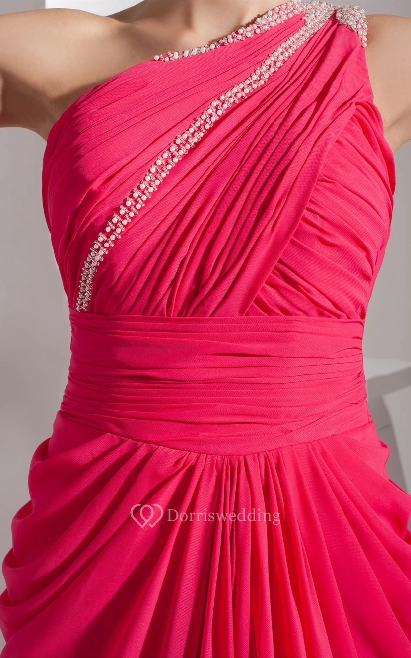 One-Shoulder Jeweled Chiffon Sweep Train and Dress With Central Ruching view 4