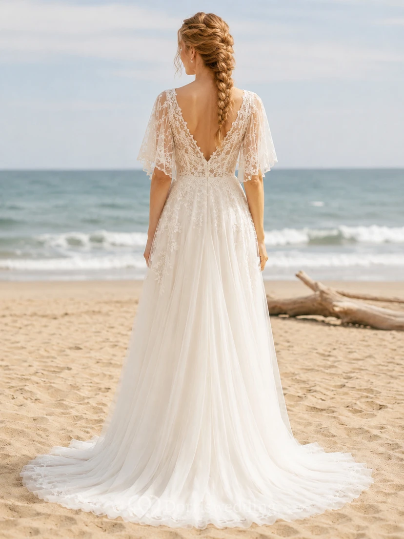 Beach Lace Tulle Wedding Dress A-Line V-Neck Cap Sleeve Sweep Train Bridal Gown view 2