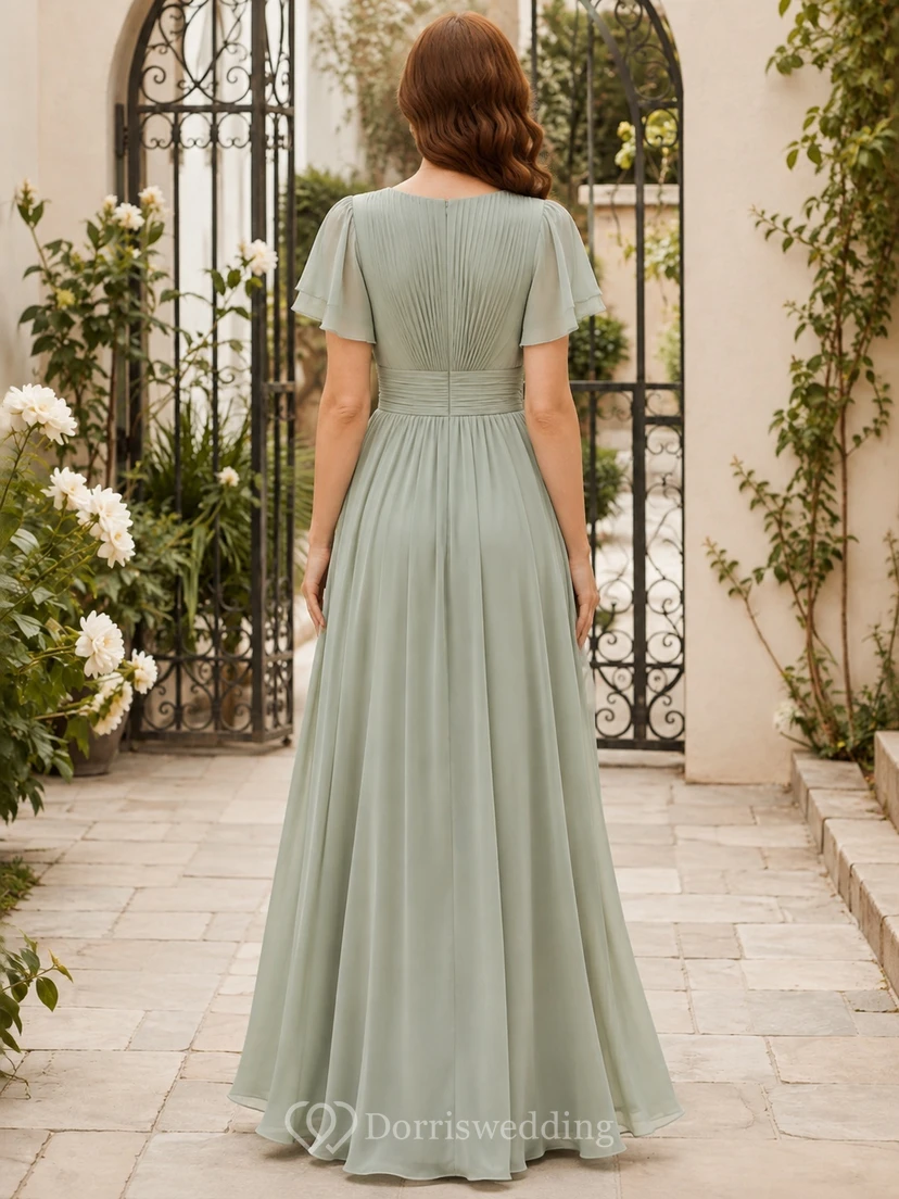Vestido formal largo hasta el suelo de gasa con escote en V y mangas con volantes, color verde salvia. view 2