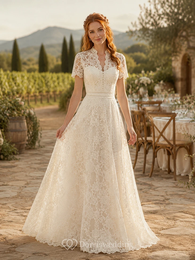 Collared Short Sleeve Lace A Line Vineyard Bridal Gown