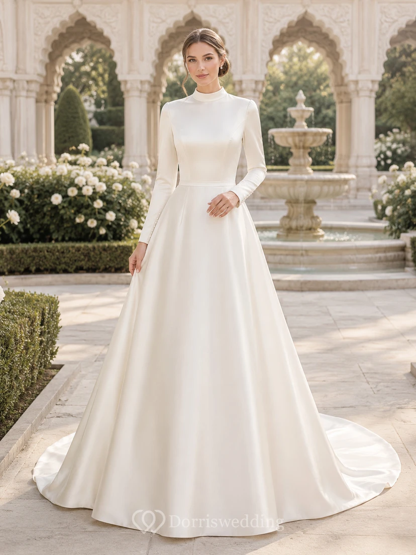 Robe de mariée modeste en satin à col montant et coupe trapèze, style temple
