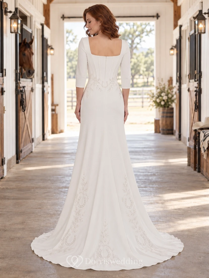 Western Country Square Neck Sheath Wedding Dress with Three Quarter Sleeves and Horseshoe Embroidery view 2