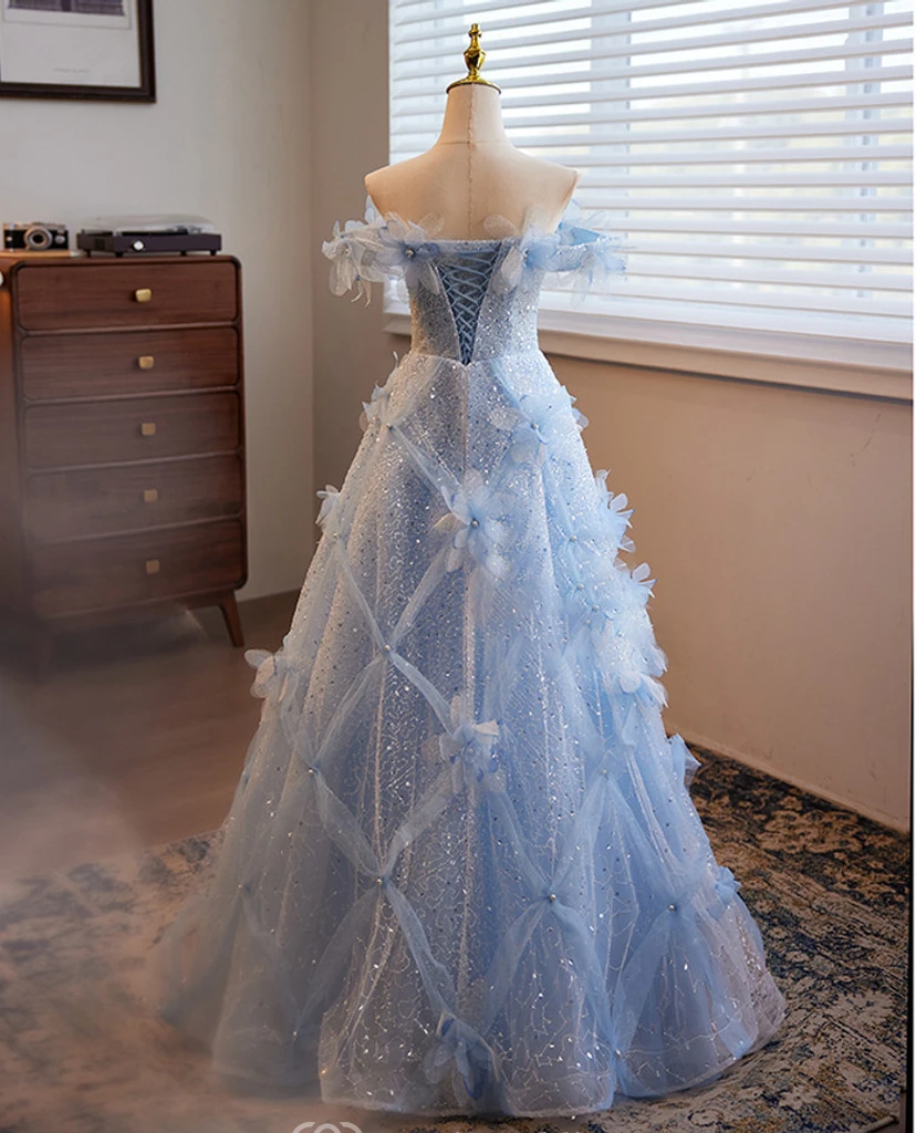 Blue Strapless Sparkling Flower Ball Gown view 13