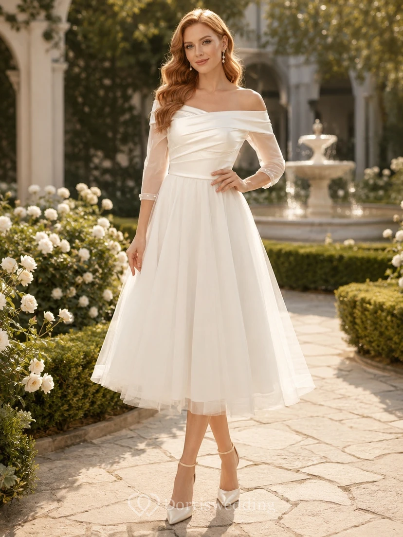 Romantisches Brautkleid aus Chiffon mit schulterfreiem 3/4-Ärmeln, A-Linie und Teelänge