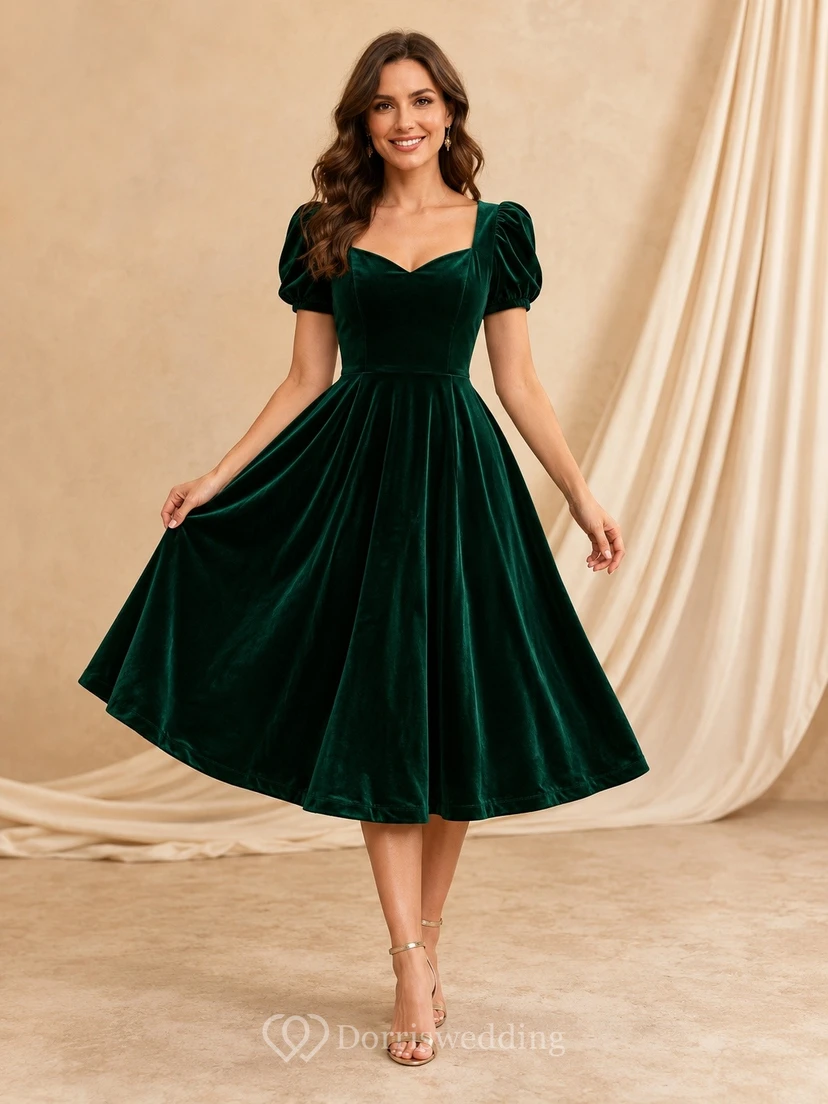 Green Square Neck Puff Short Sleeve Velvet Tea-length A-line Vintage Romantic Dress